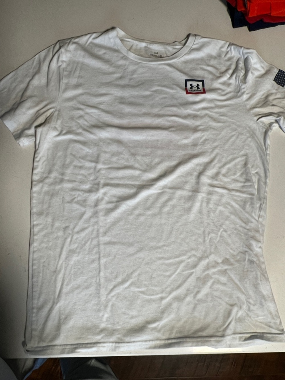 Under Armour kids White Short Sleeve Crew with Navy and Red Logo